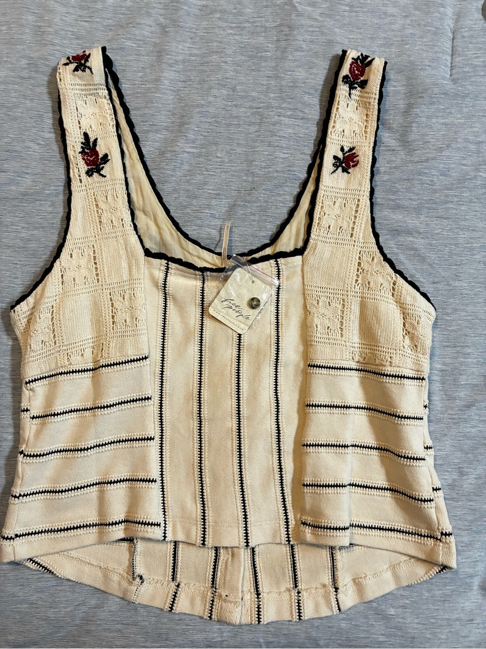 Free People Cream Knit Embroidered Button-Front Camisole with Black Trim - Picture 3 of 3